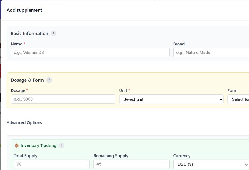 Add Supplement Form - Professional supplement management